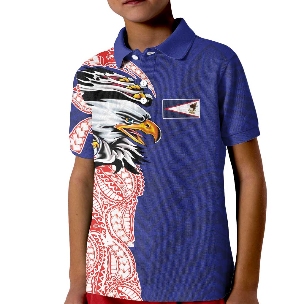 American Samoa Flag Day Kid Polo Shirt Tribal Tattoo with Eagle Blue-Red LT03 Kid Blue - Polynesian Pride