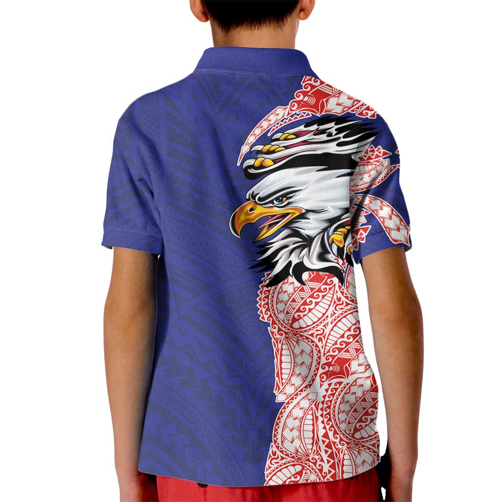 American Samoa Flag Day Kid Polo Shirt Tribal Tattoo with Eagle Blue-Red LT03 - Polynesian Pride