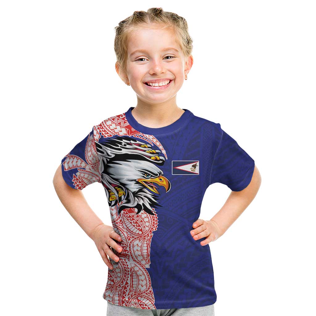American Samoa Flag Day Kid T Shirt Tribal Tattoo with Eagle Blue-Red LT03 Blue - Polynesian Pride