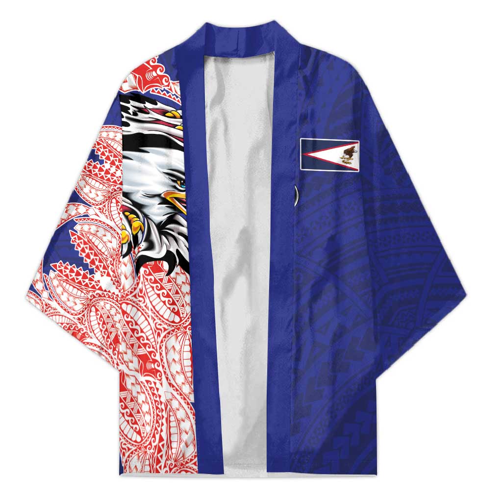 American Samoa Flag Day Kimono Tribal Tattoo with Eagle Blue-Red LT03 Unisex Blue - Polynesian Pride