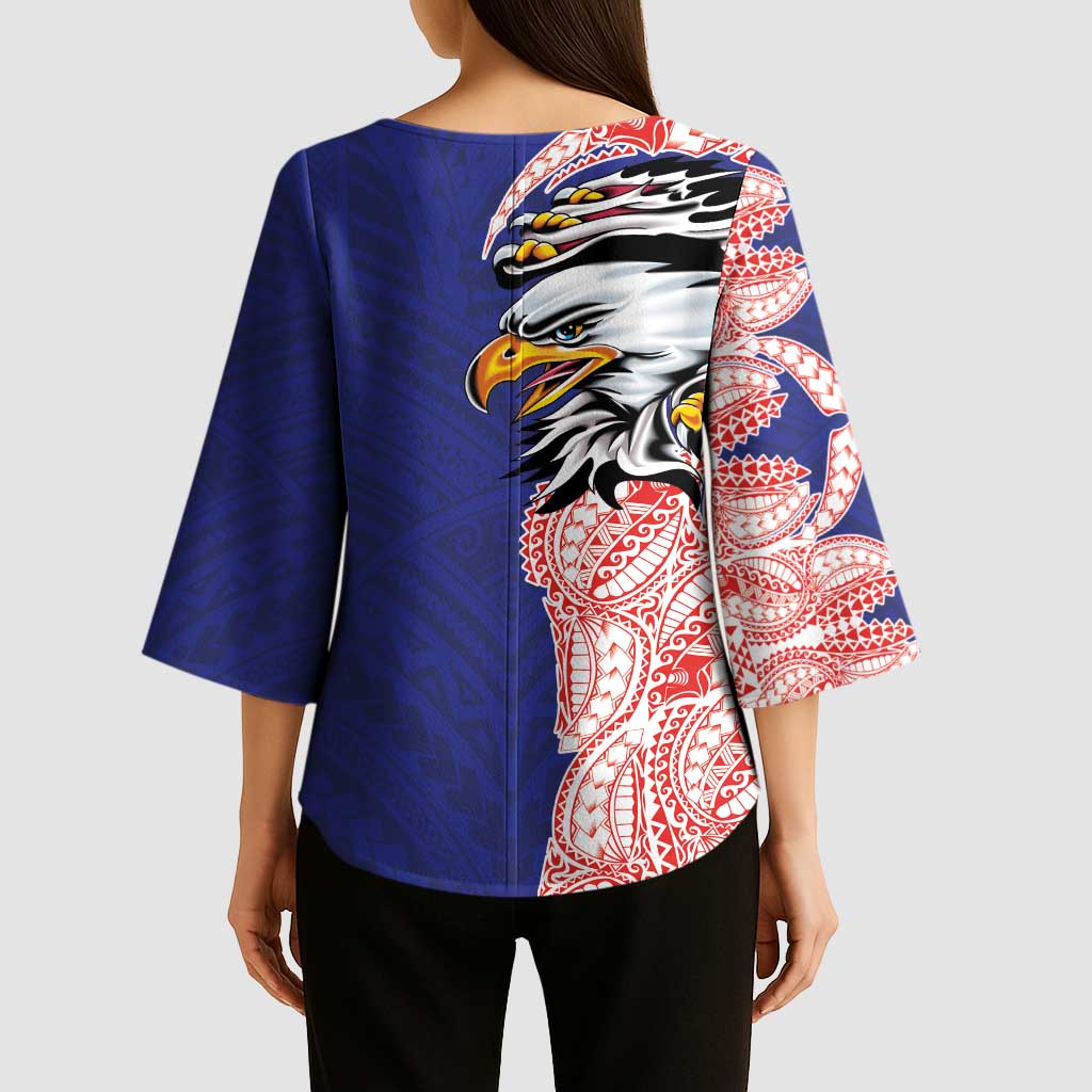 American Samoa Flag Day Kimono Sleeve Blouse Tribal Tattoo with Eagle Blue-Red LT03 - Polynesian Pride