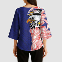American Samoa Flag Day Kimono Sleeve Blouse Tribal Tattoo with Eagle Blue-Red LT03 - Polynesian Pride