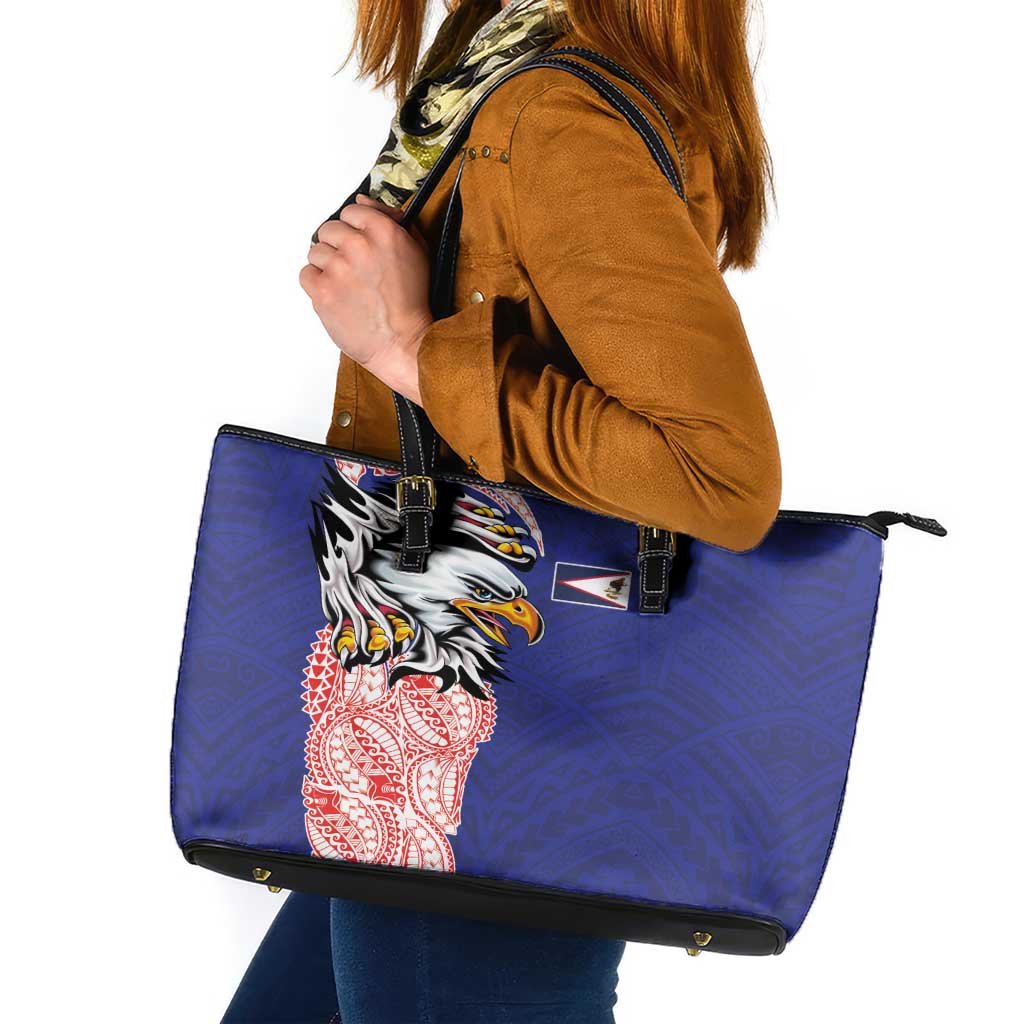 American Samoa Flag Day Leather Tote Bag Tribal Tattoo with Eagle Blue-Red LT03 Blue - Polynesian Pride