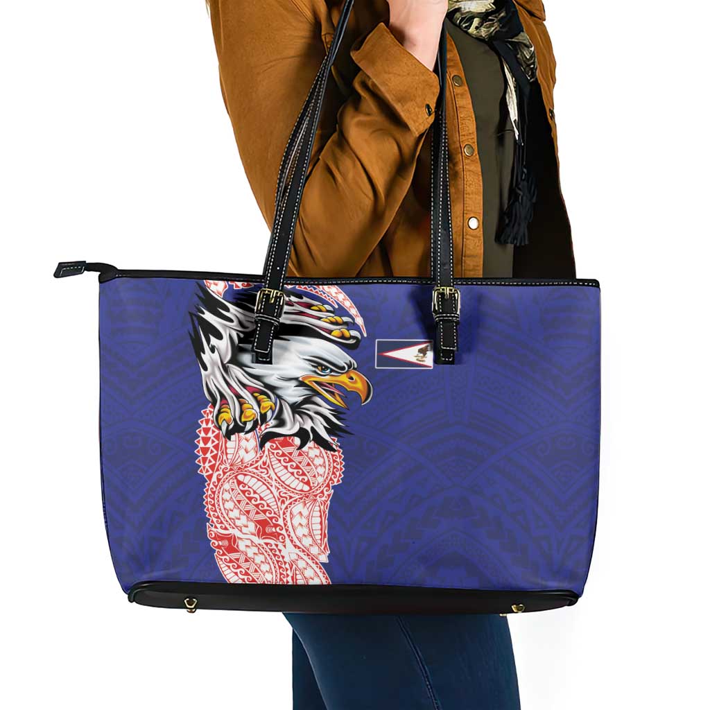 American Samoa Flag Day Leather Tote Bag Tribal Tattoo with Eagle Blue-Red LT03 - Polynesian Pride