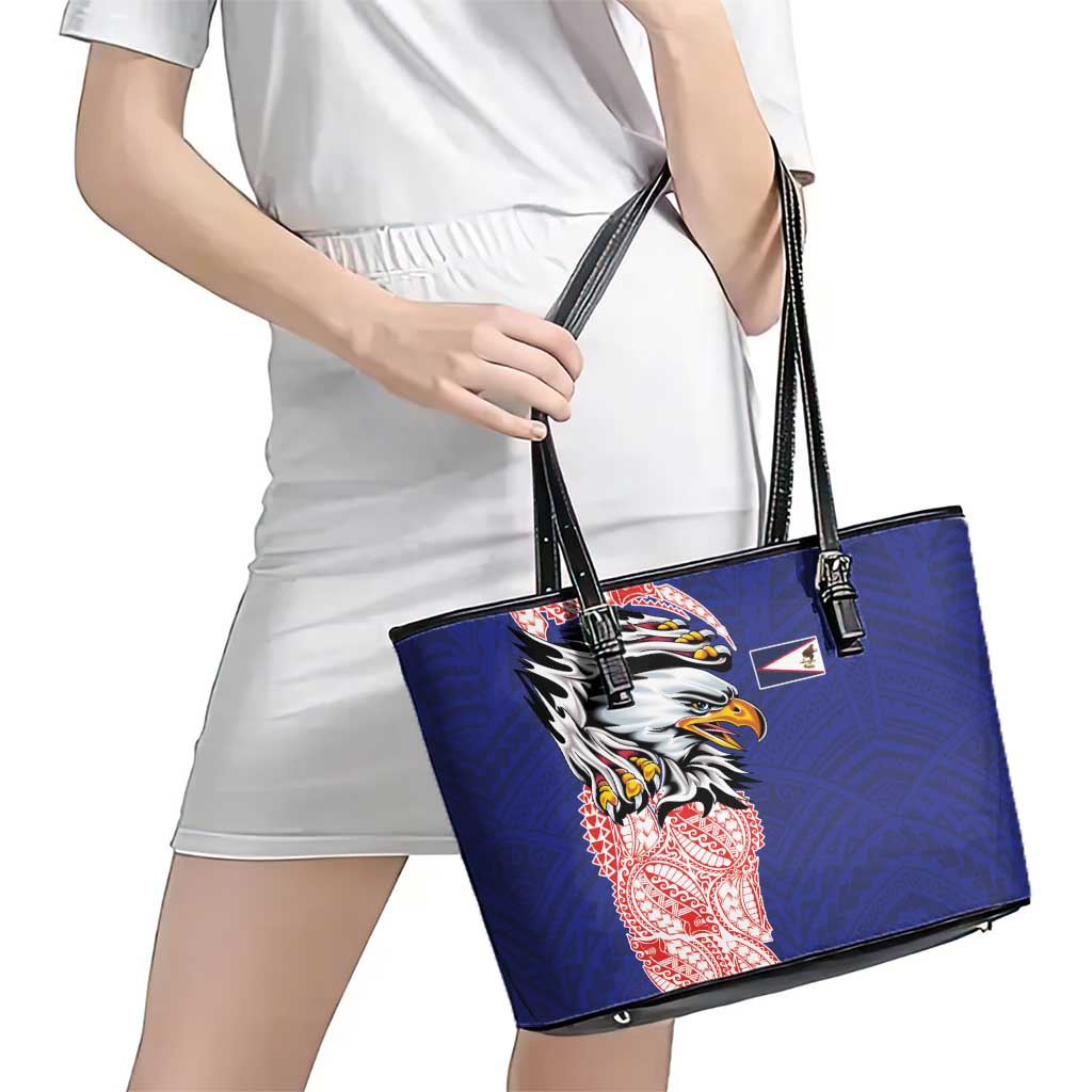 American Samoa Flag Day Leather Tote Bag Tribal Tattoo with Eagle Blue-Red LT03 - Polynesian Pride