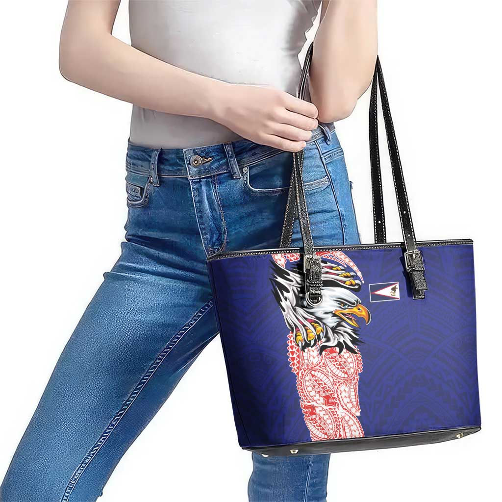 American Samoa Flag Day Leather Tote Bag Tribal Tattoo with Eagle Blue-Red LT03 - Polynesian Pride
