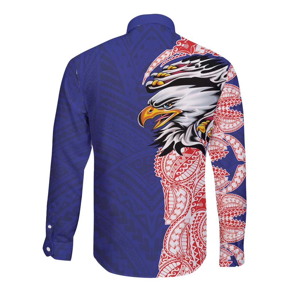 American Samoa Flag Day Long Sleeve Button Shirt Tribal Tattoo with Eagle Blue-Red LT03 - Polynesian Pride
