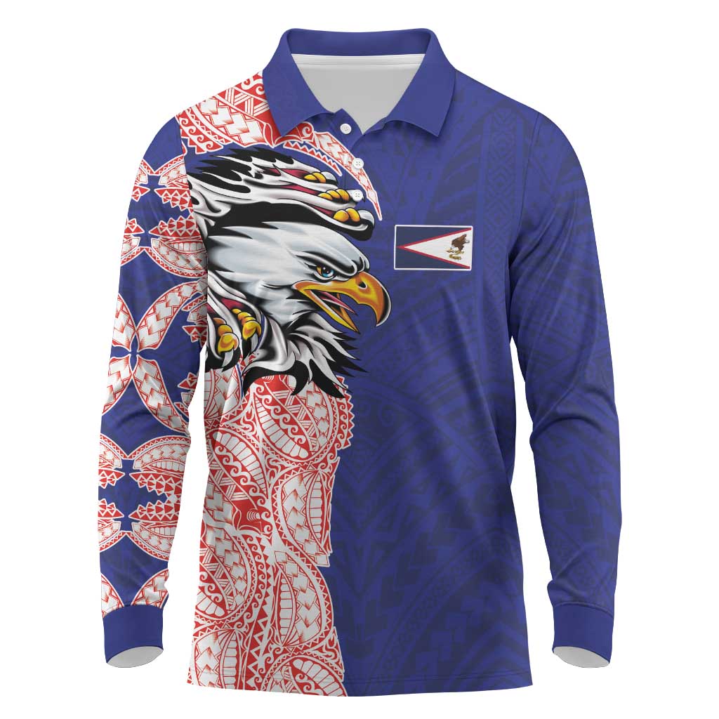 American Samoa Flag Day Long Sleeve Polo Shirt Tribal Tattoo with Eagle Blue-Red LT03 Blue - Polynesian Pride
