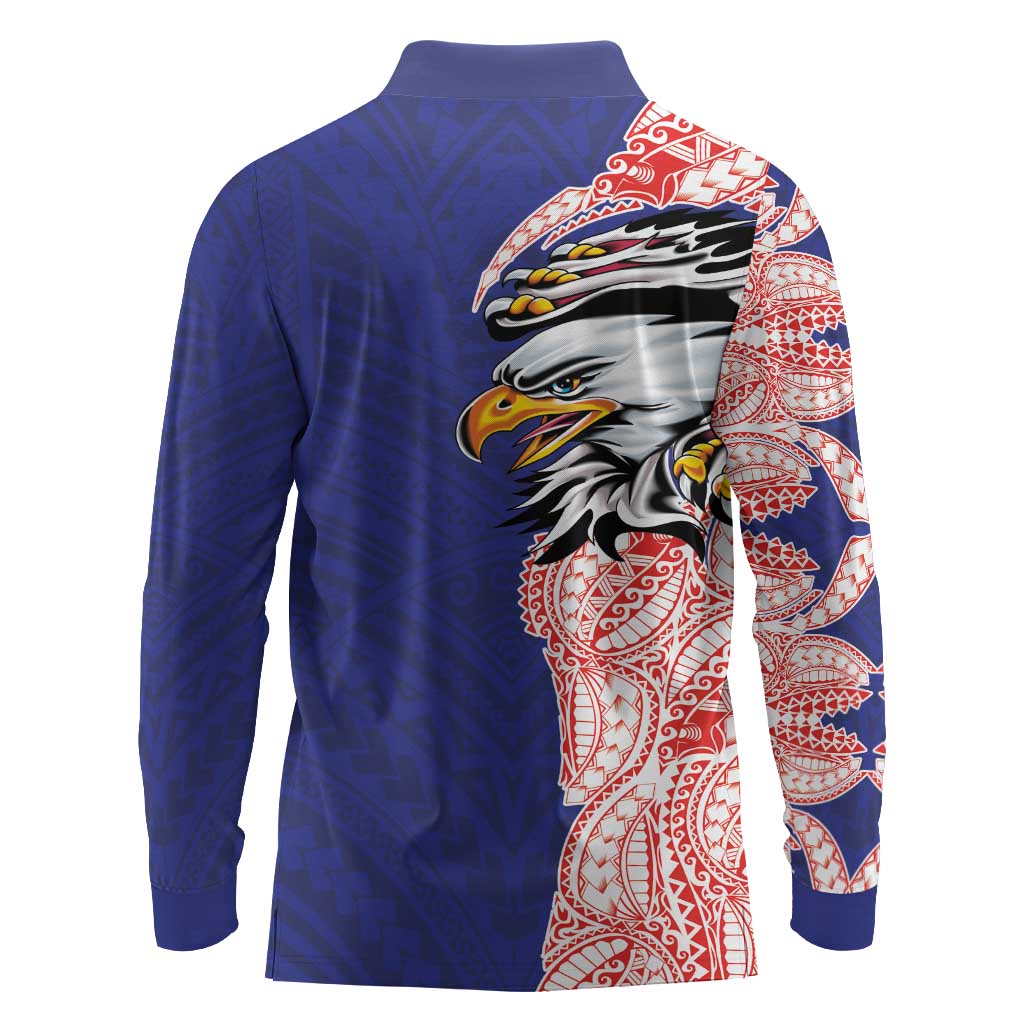 American Samoa Flag Day Long Sleeve Polo Shirt Tribal Tattoo with Eagle Blue-Red LT03 - Polynesian Pride