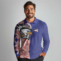 American Samoa Flag Day Long Sleeve Polo Shirt Tribal Tattoo with Eagle Blue-Red LT03 - Polynesian Pride