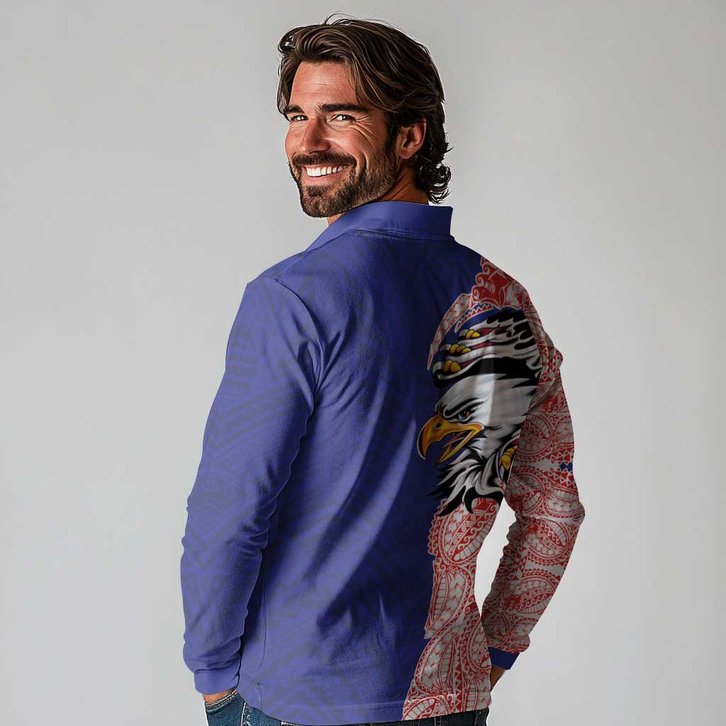 American Samoa Flag Day Long Sleeve Polo Shirt Tribal Tattoo with Eagle Blue-Red LT03 - Polynesian Pride