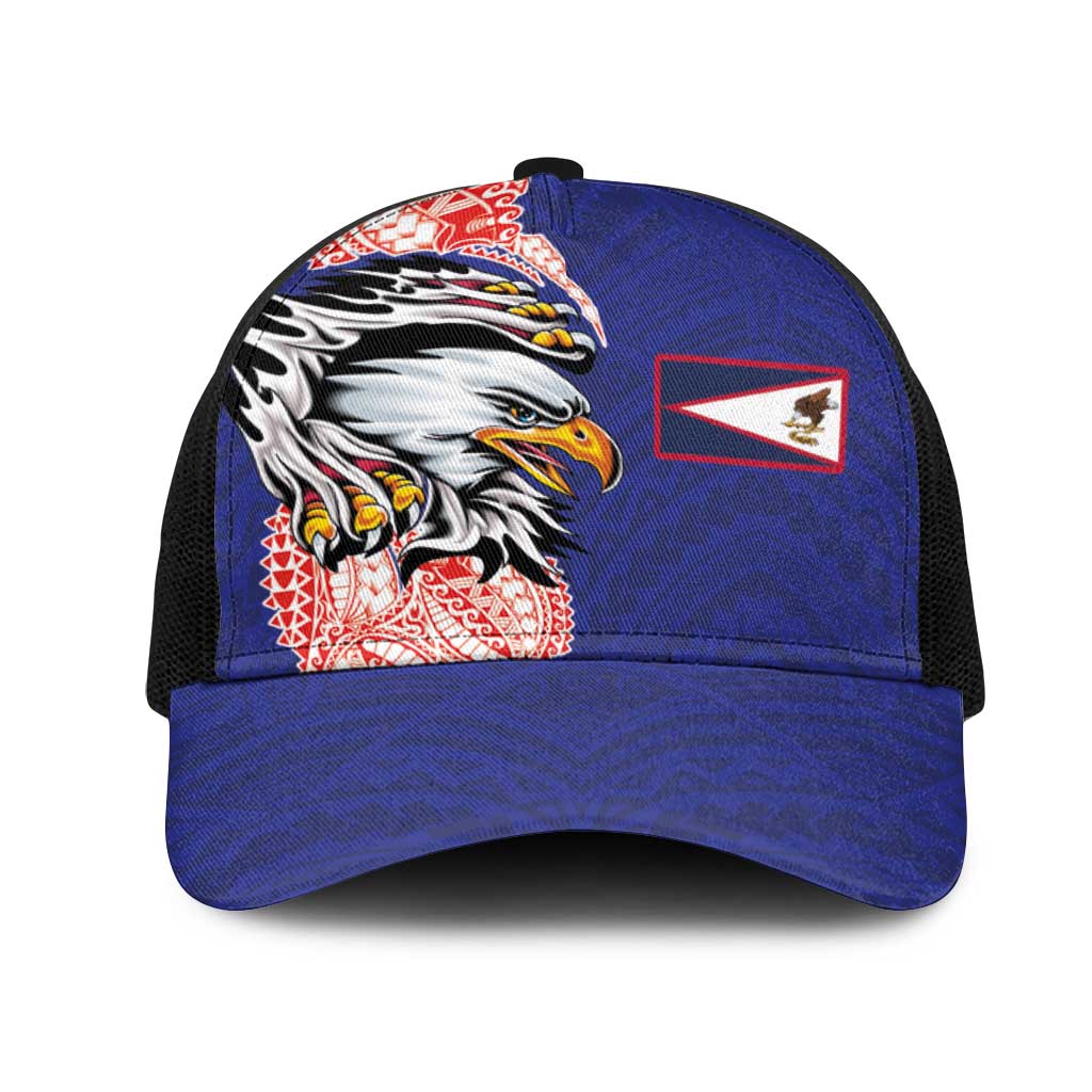American Samoa Flag Day Mesh Trucker Cap Tribal Tattoo with Eagle Blue-Red LT03 One Size Black Blue - Polynesian Pride