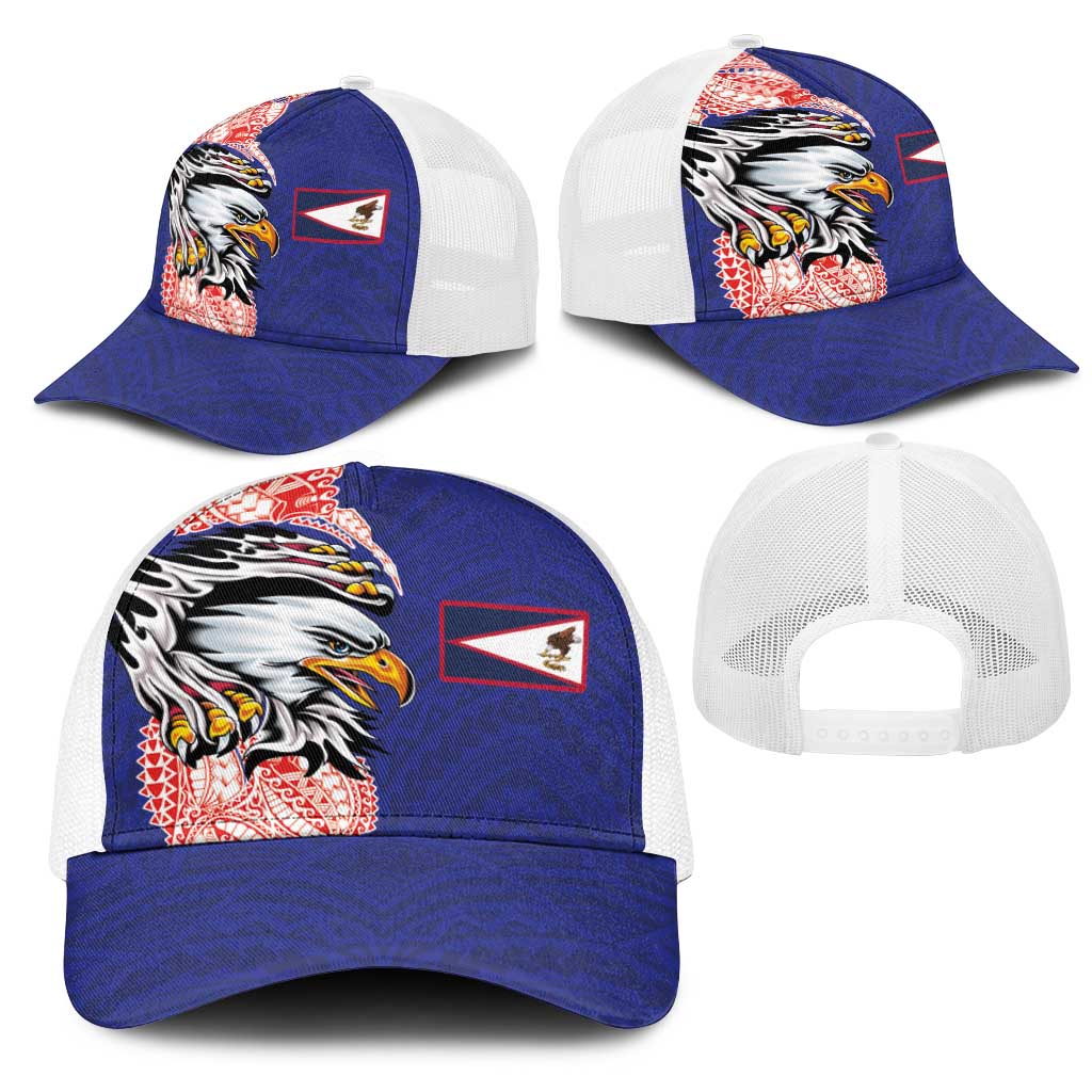 American Samoa Flag Day Mesh Trucker Cap Tribal Tattoo with Eagle Blue-Red LT03 - Polynesian Pride