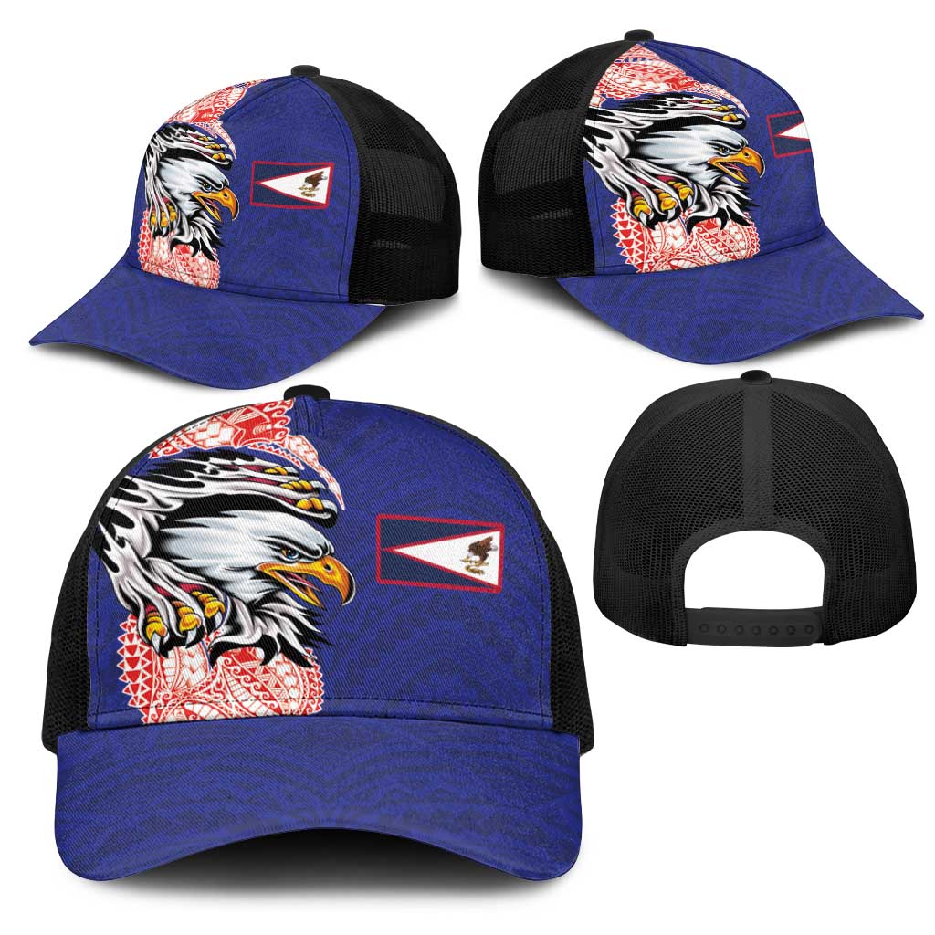 American Samoa Flag Day Mesh Trucker Cap Tribal Tattoo with Eagle Blue-Red LT03 - Polynesian Pride