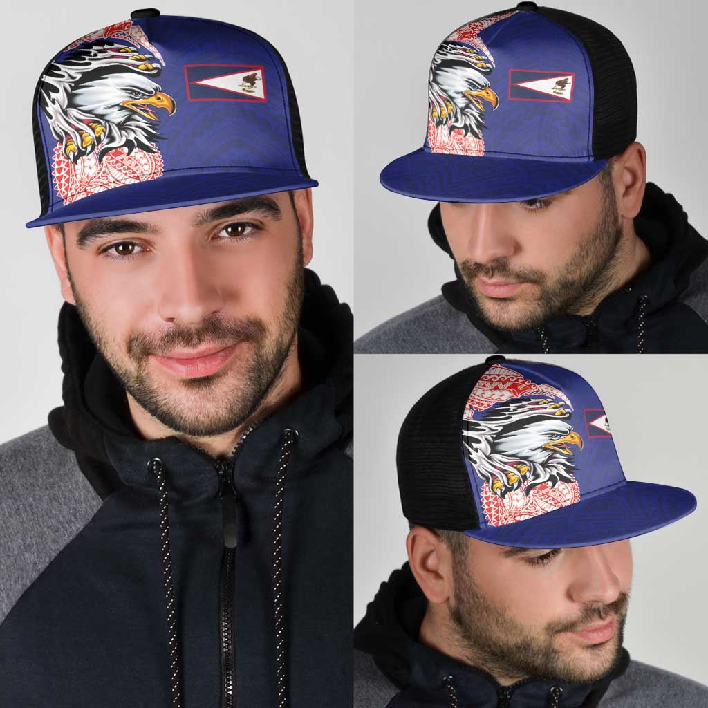 American Samoa Flag Day Mesh Trucker Cap Tribal Tattoo with Eagle Blue-Red LT03 - Polynesian Pride