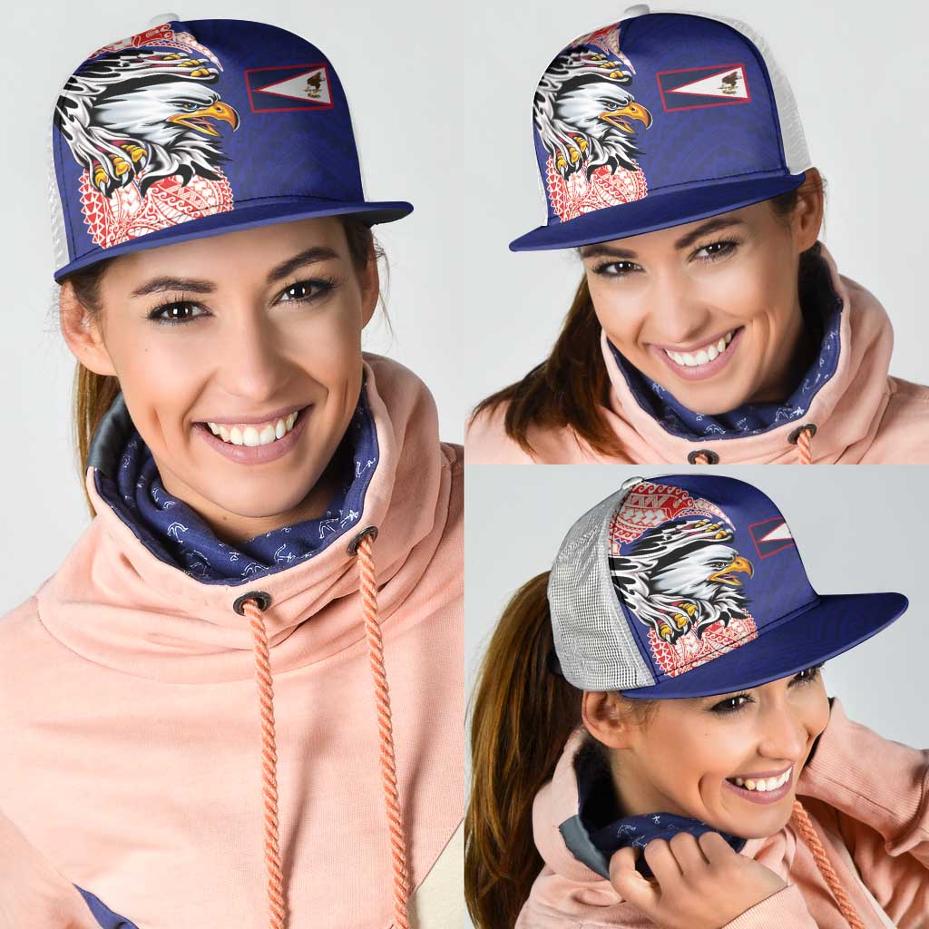 American Samoa Flag Day Mesh Trucker Cap Tribal Tattoo with Eagle Blue-Red LT03 - Polynesian Pride