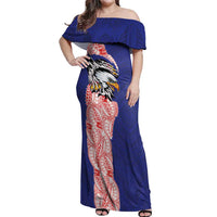 American Samoa Flag Day Off Shoulder Maxi Dress Tribal Tattoo with Eagle Blue-Red LT03 Women Blue - Polynesian Pride