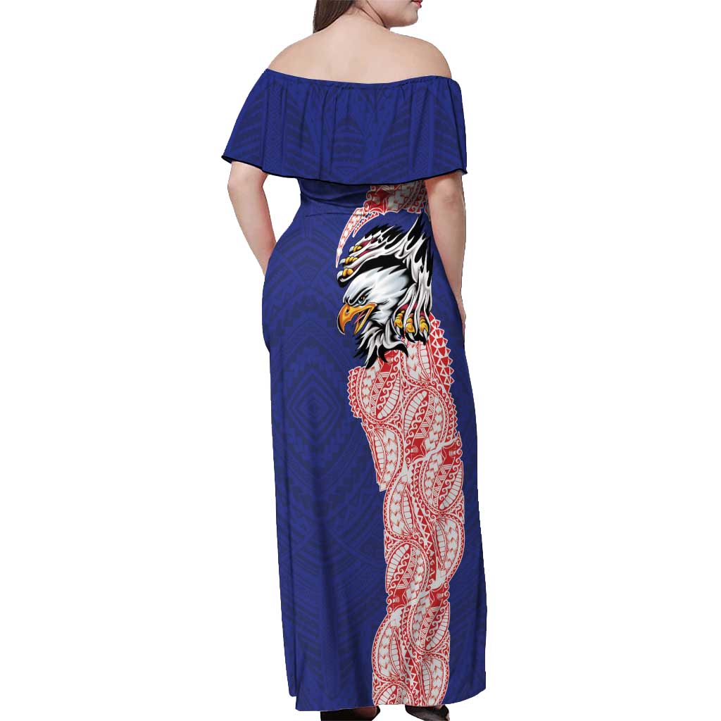 American Samoa Flag Day Off Shoulder Maxi Dress Tribal Tattoo with Eagle Blue-Red LT03 - Polynesian Pride