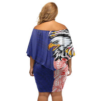 American Samoa Flag Day Off Shoulder Short Dress Tribal Tattoo with Eagle Blue-Red LT03 - Polynesian Pride
