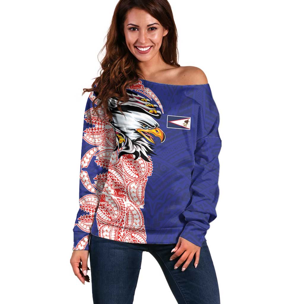 American Samoa Flag Day Off Shoulder Sweater Tribal Tattoo with Eagle Blue-Red