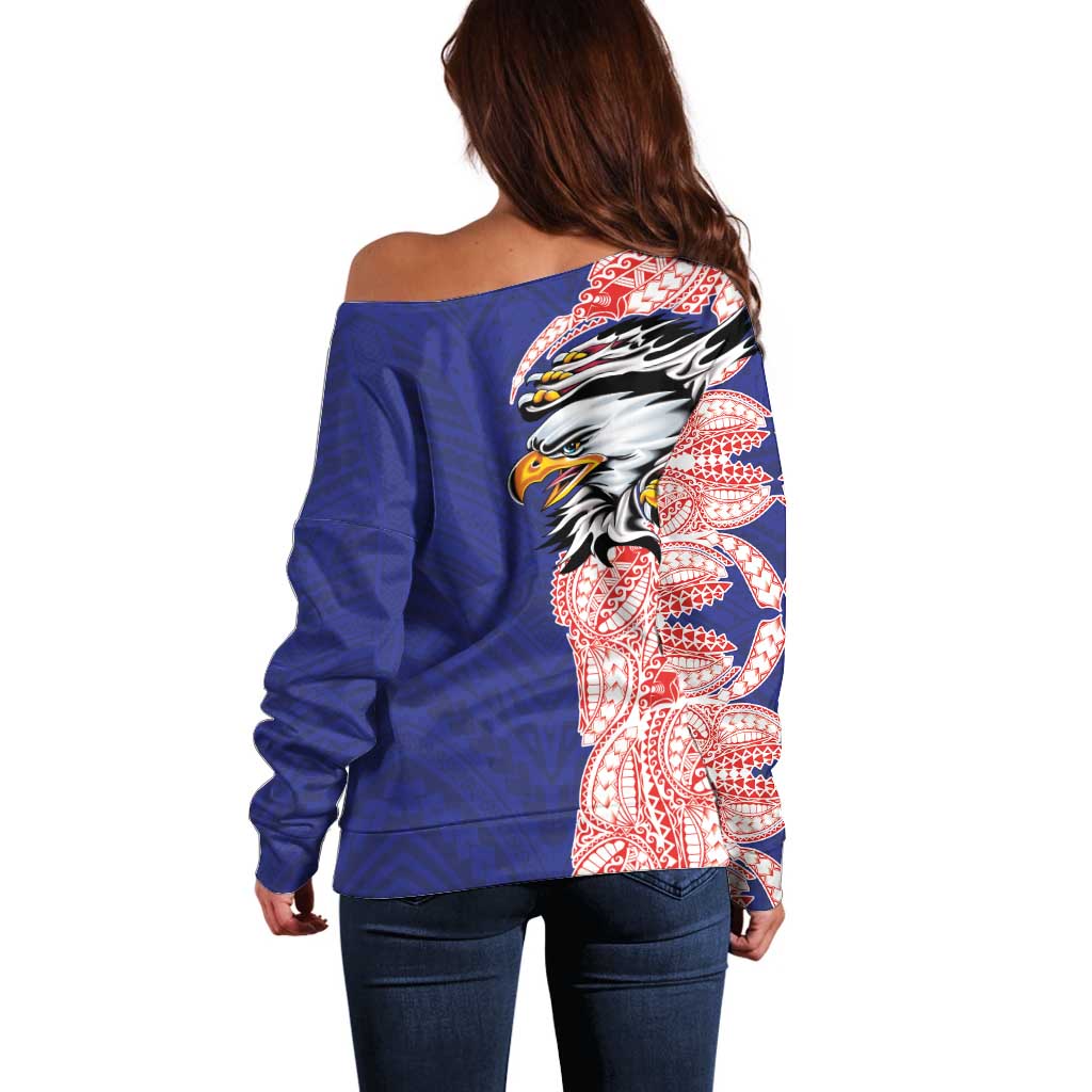 American Samoa Flag Day Off Shoulder Sweater Tribal Tattoo with Eagle Blue-Red