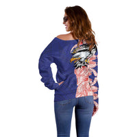 American Samoa Flag Day Off Shoulder Sweater Tribal Tattoo with Eagle Blue-Red