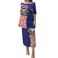 American Samoa Flag Day Puletasi Tribal Tattoo with Eagle Blue-Red LT03 Long Dress Blue - Polynesian Pride