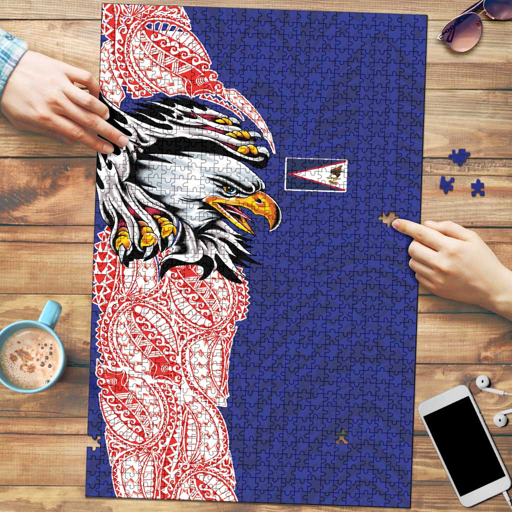 American Samoa Flag Day Puzzle Tribal Tattoo with Eagle Blue-Red LT03 Blue - Polynesian Pride
