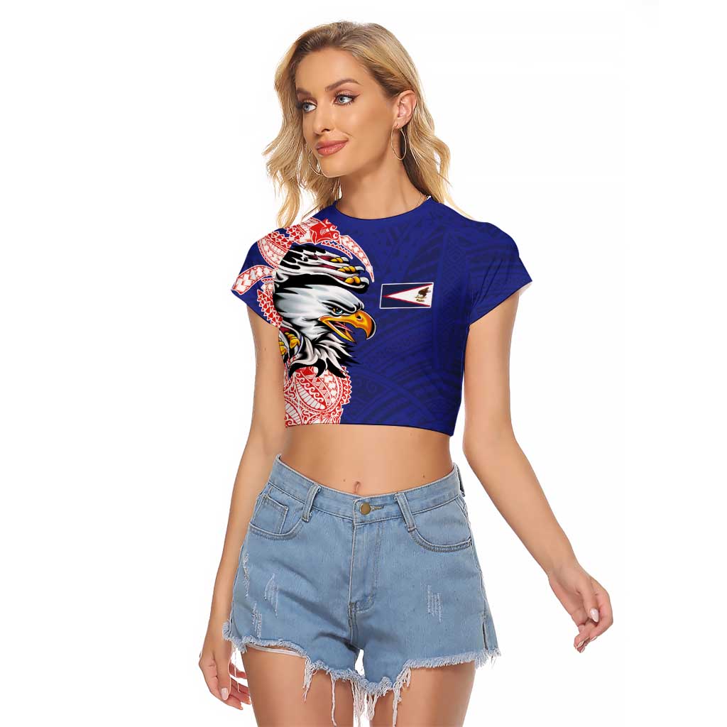 American Samoa Flag Day Raglan Cropped T Shirt Tribal Tattoo with Eagle Blue-Red LT03 Female Blue - Polynesian Pride