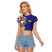American Samoa Flag Day Raglan Cropped T Shirt Tribal Tattoo with Eagle Blue-Red LT03 Female Blue - Polynesian Pride