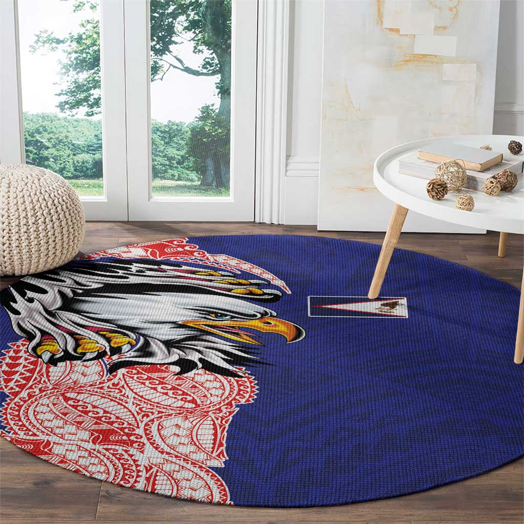 American Samoa Flag Day Round Carpet Tribal Tattoo with Eagle Blue-Red LT03 - Polynesian Pride