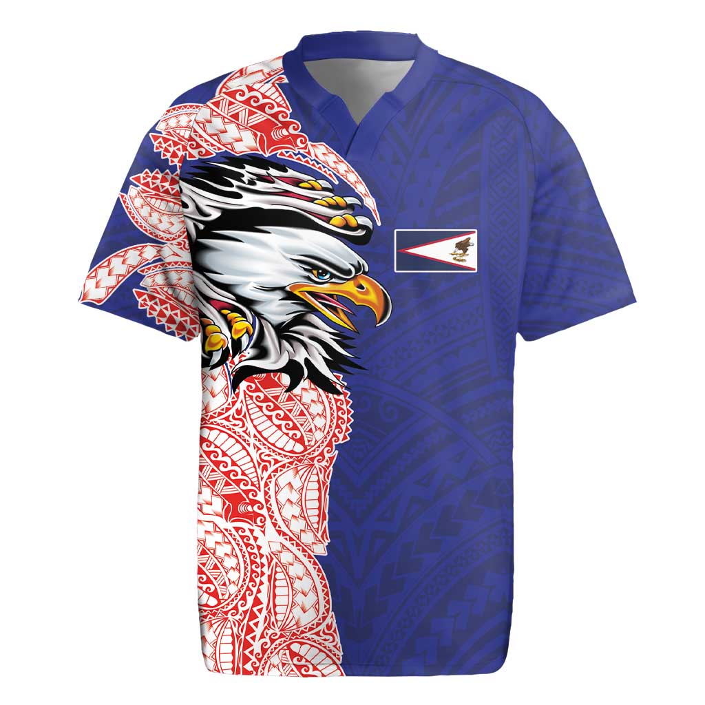 American Samoa Flag Day Rugby Jersey Tribal Tattoo with Eagle Blue-Red LT03 Blue - Polynesian Pride