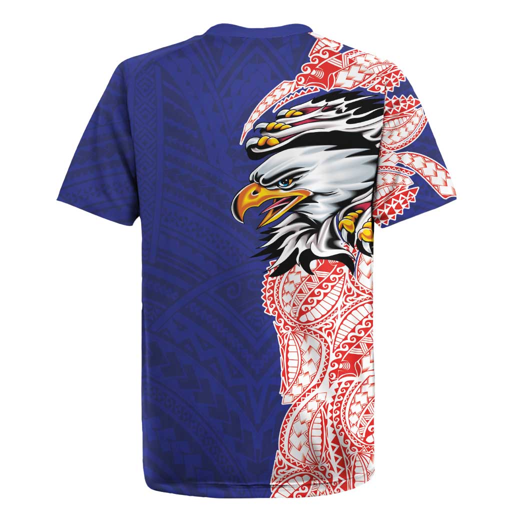 American Samoa Flag Day Rugby Jersey Tribal Tattoo with Eagle Blue-Red LT03 - Polynesian Pride