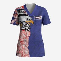 American Samoa Flag Day Scrub Top Tribal Tattoo with Eagle Blue-Red LT03 Adult Blue - Polynesian Pride