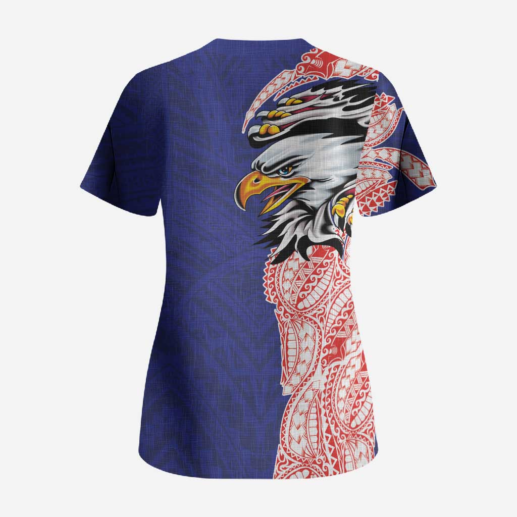 American Samoa Flag Day Scrub Top Tribal Tattoo with Eagle Blue-Red LT03 - Polynesian Pride