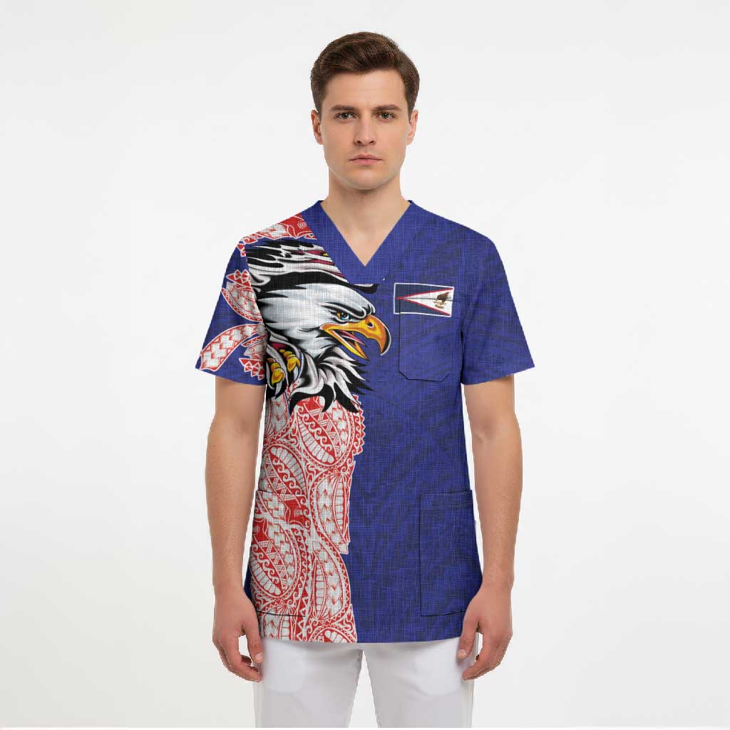 American Samoa Flag Day Scrub Top Tribal Tattoo with Eagle Blue-Red LT03 - Polynesian Pride