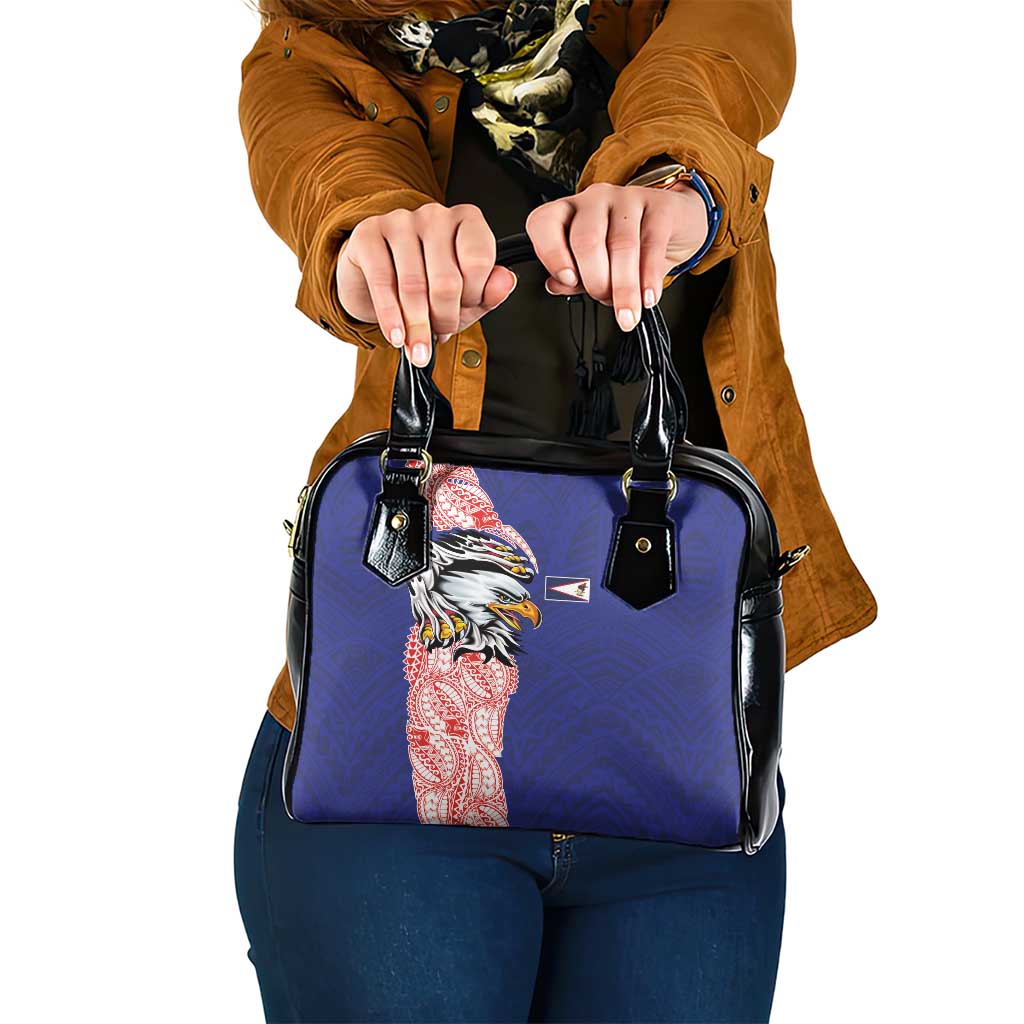 American Samoa Flag Day Shoulder Handbag Tribal Tattoo with Eagle Blue-Red LT03 One Size Blue - Polynesian Pride
