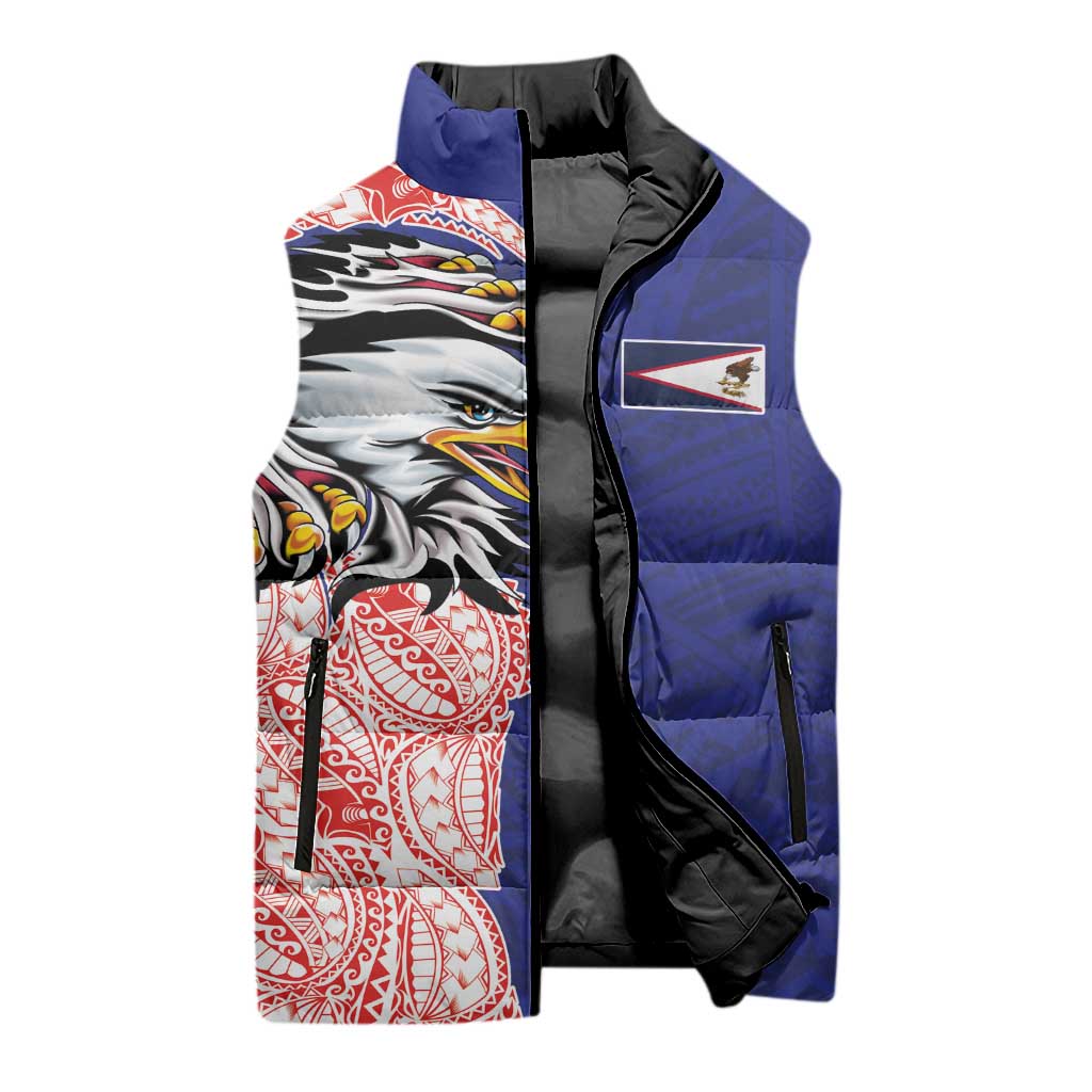 American Samoa Flag Day Sleeveless Puffer Jacket Tribal Tattoo with Eagle Blue-Red LT03 - Polynesian Pride