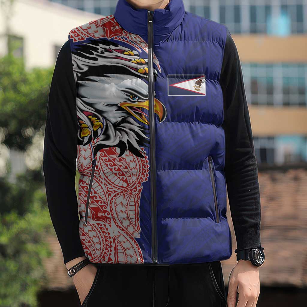 American Samoa Flag Day Sleeveless Puffer Jacket Tribal Tattoo with Eagle Blue-Red LT03 - Polynesian Pride