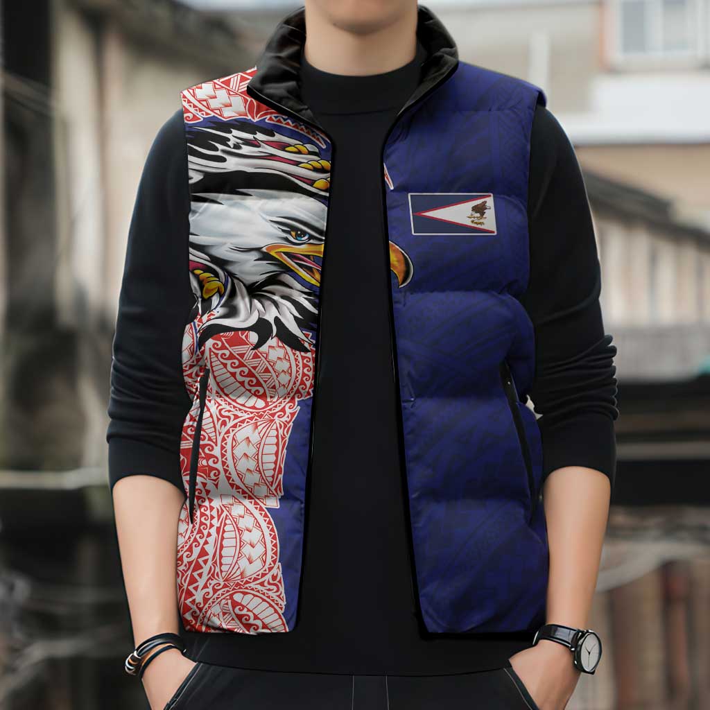 American Samoa Flag Day Sleeveless Puffer Jacket Tribal Tattoo with Eagle Blue-Red LT03 - Polynesian Pride