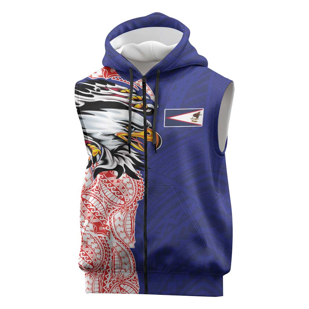 American Samoa Flag Day Sleeveless Zip Hoodie Tribal Tattoo with Eagle Blue-Red LT03 Blue - Polynesian Pride