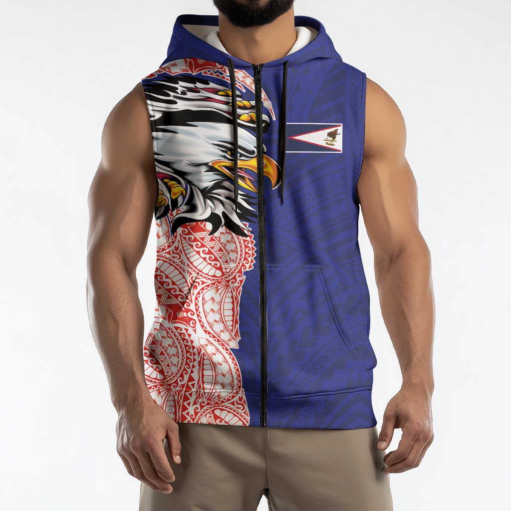 American Samoa Flag Day Sleeveless Zip Hoodie Tribal Tattoo with Eagle Blue-Red LT03 - Polynesian Pride