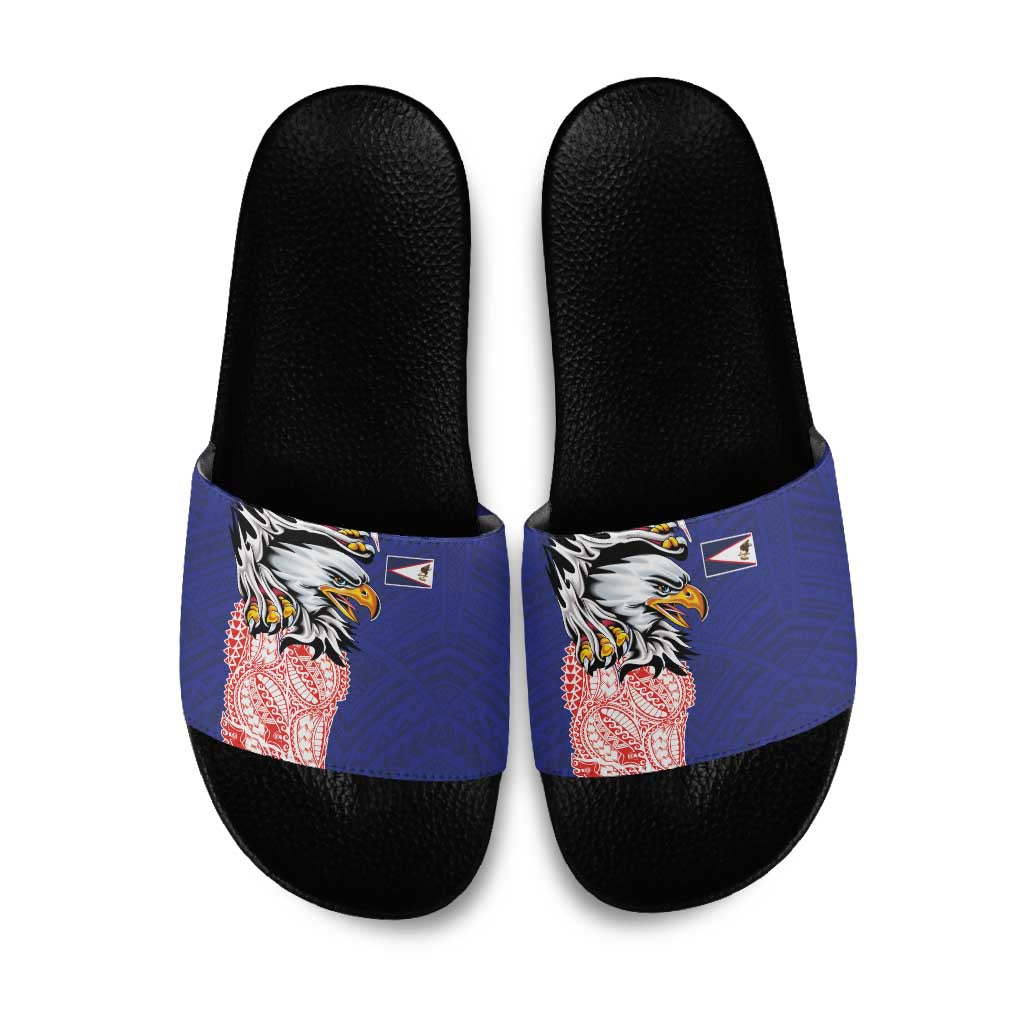 American Samoa Flag Day Slide Sandals Tribal Tattoo with Eagle Blue-Red LT03 Blue - Polynesian Pride