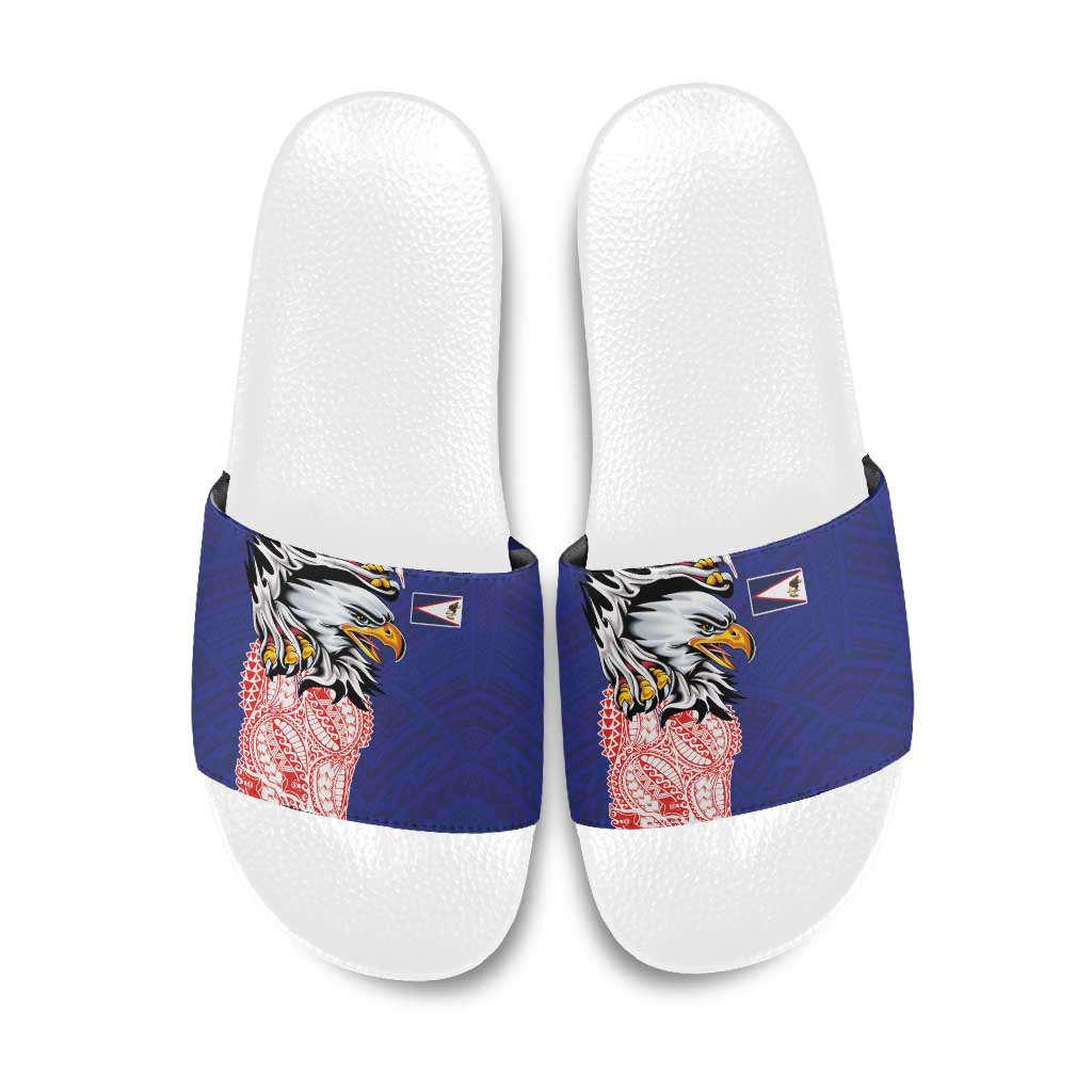 American Samoa Flag Day Slide Sandals Tribal Tattoo with Eagle Blue-Red LT03 Blue - Polynesian Pride