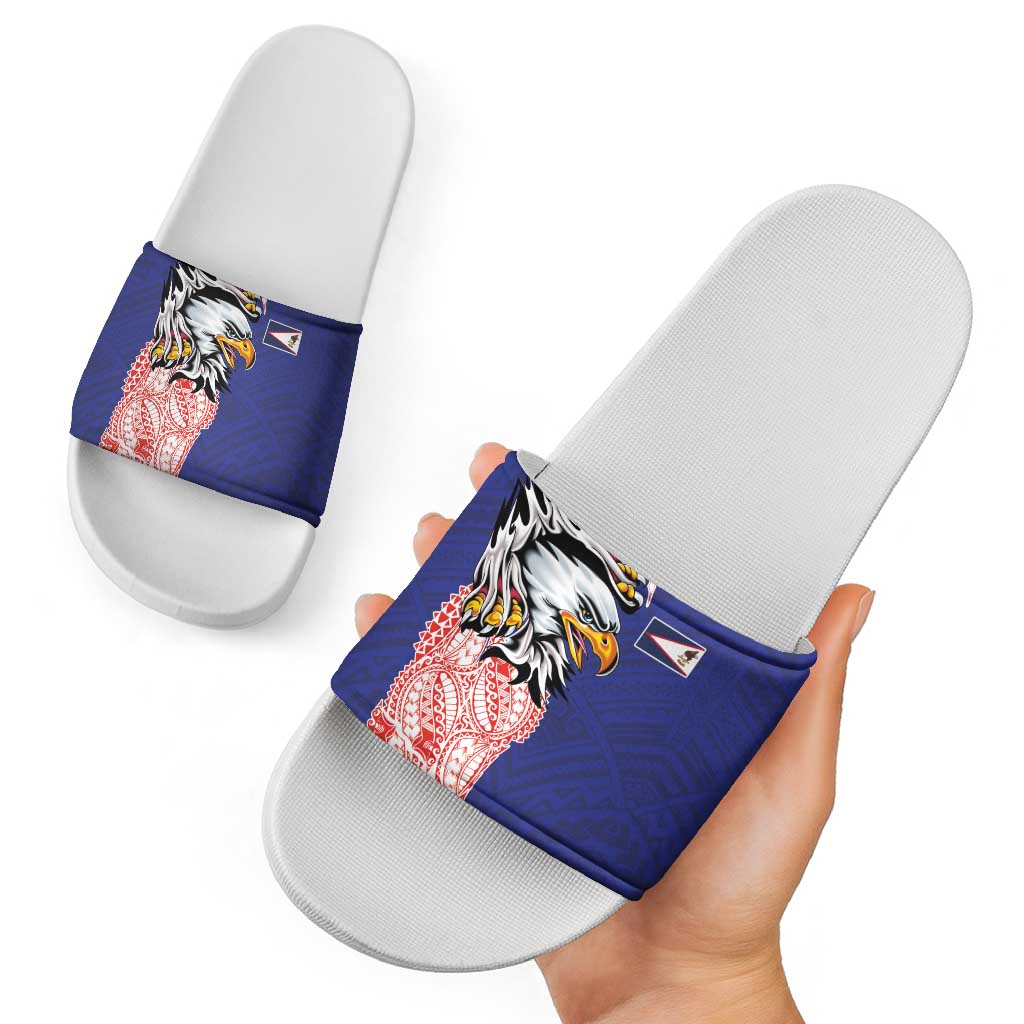 American Samoa Flag Day Slide Sandals Tribal Tattoo with Eagle Blue-Red LT03 - Polynesian Pride