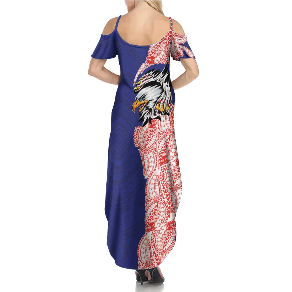 American Samoa Flag Day Summer Maxi Dress Tribal Tattoo with Eagle Blue-Red LT03 - Polynesian Pride