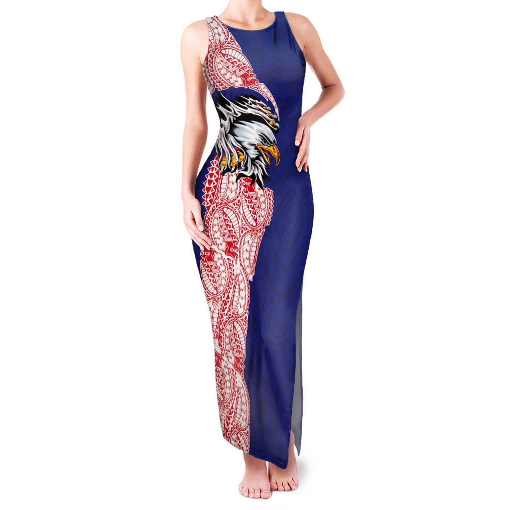 American Samoa Flag Day Tank Maxi Dress Tribal Tattoo with Eagle Blue-Red LT03 Women Blue - Polynesian Pride