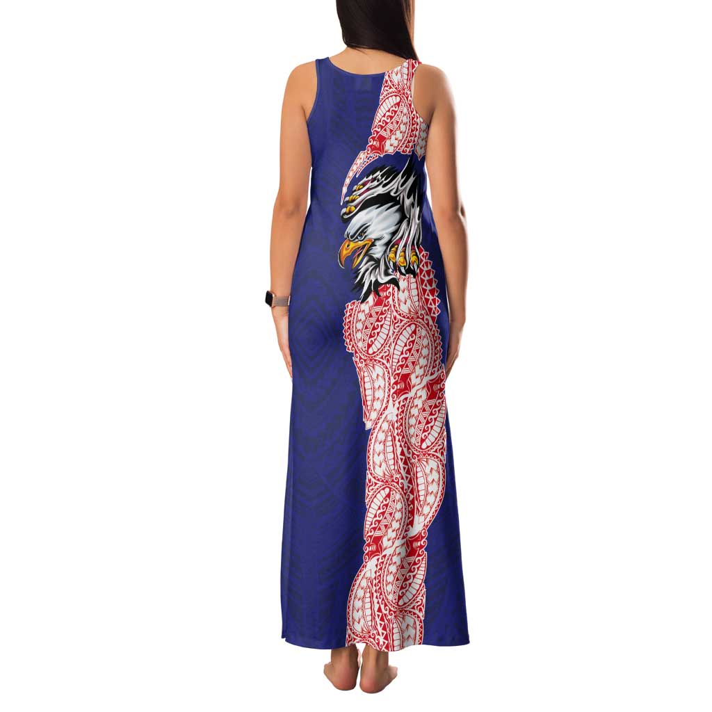 American Samoa Flag Day Tank Maxi Dress Tribal Tattoo with Eagle Blue-Red LT03 - Polynesian Pride