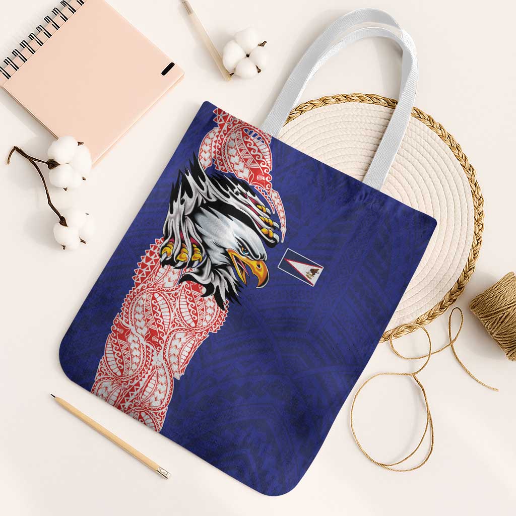 American Samoa Flag Day Tote Bag Tribal Tattoo with Eagle Blue-Red LT03 White Strap One Size Blue - Polynesian Pride