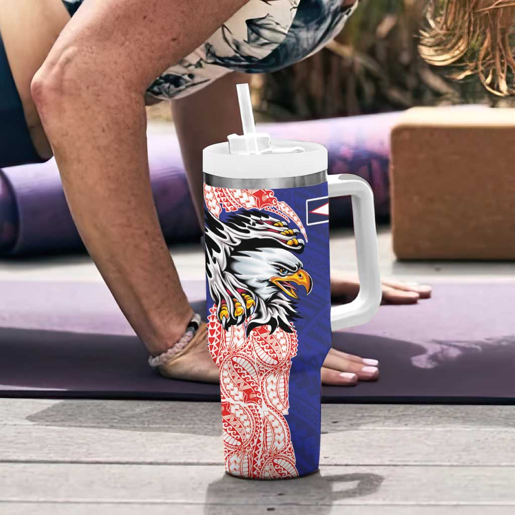 American Samoa Flag Day Tumbler With Handle Tribal Tattoo with Eagle Blue-Red LT03 - Polynesian Pride